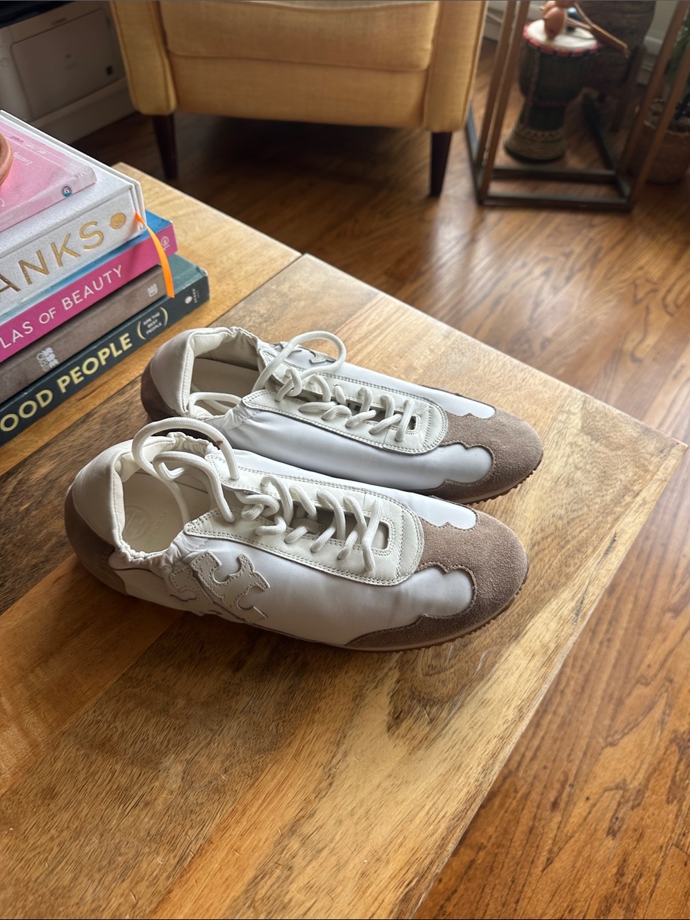 Tory Burch White and Taupe Leather & Suede Lace-Up Sneakers